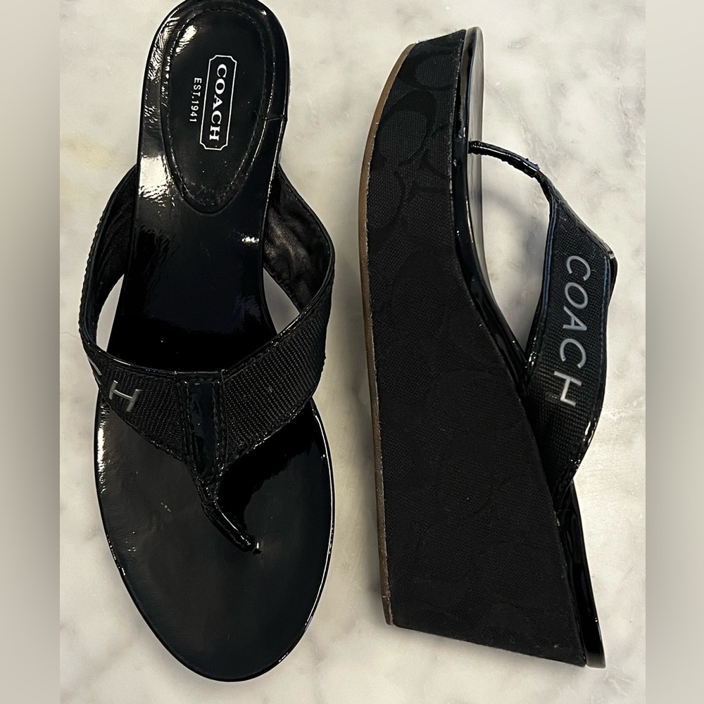 Coach Wedge Sandal Monogram Canvas Patent Leather Trim